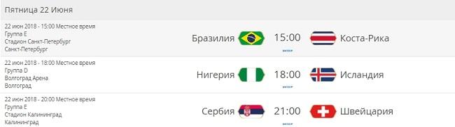 расписание ЧМ 2018 на 22 июня