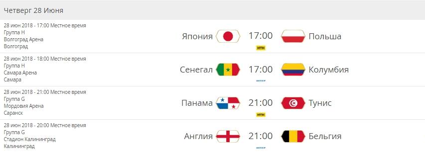 расписание ЧМ 2018 на 28 июня