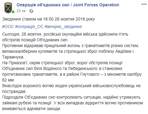 На Донбасі бойовики 5 разів обстріляли позиції українських військових