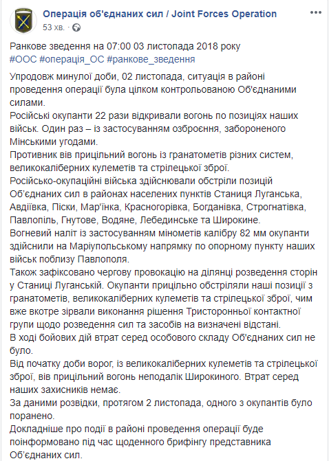 На Донбасі за добу бойовики 22 рази обстріляли позиції ООС