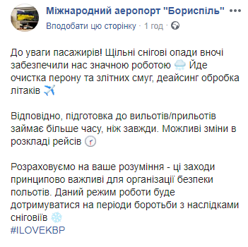 Аеропорт &quot;Бориспіль&quot; попередив про можливі затримки рейсів через снігопади