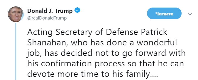 Трамп призначить нового в. о. глави Пентагону