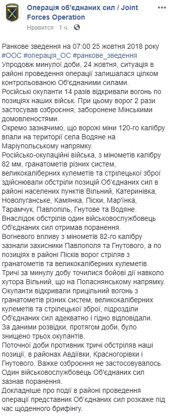 На Донбасі за добу поранено одного українського військового, - ООС