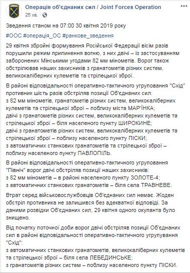 За добу на Донбасі бойовики вісім разів порушили перемир’я