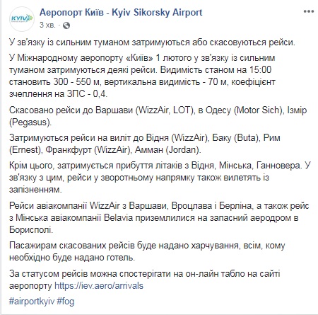 У аеропорту &quot;Київ&quot; попередили про затримку рейсів