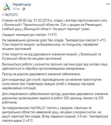 В &quot;Укравтодорі&quot; розповіли про ситуацію на основних дорогах країни