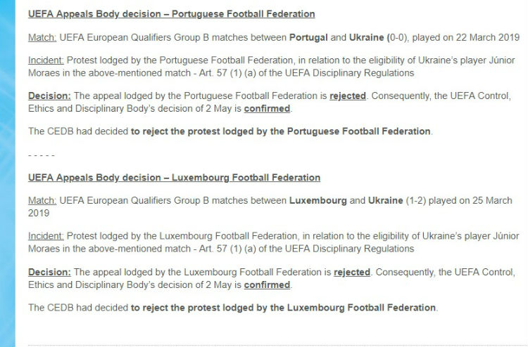 УЄФА відхилив апеляцію Португалії та Люксембургу у справі Мораеса