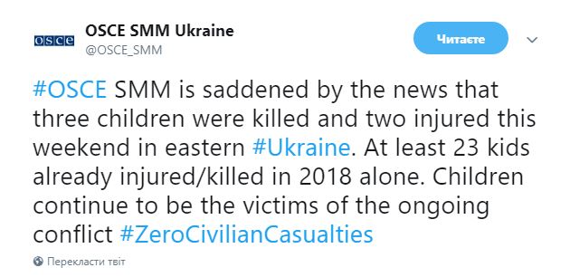 ОБСЄ висловила стурбованість з приводу загибелі трьох дітей, які підірвались на міні
