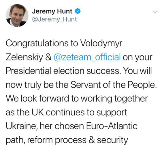 Із перемогою Зеленського привітали в МЗС Британії