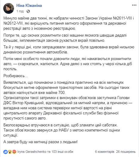 Южанина обвиняет ГФС в блокировании растаможки &quot;евроблях&quot;