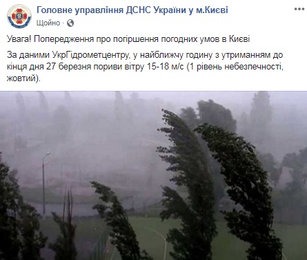 У Києві до кінця доби очікується сильний вітер