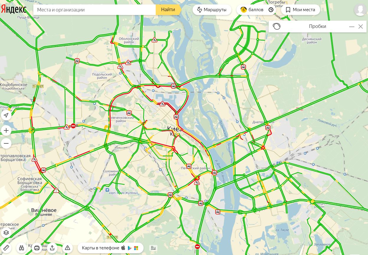 Пробки в Киеве достигли 6 баллов