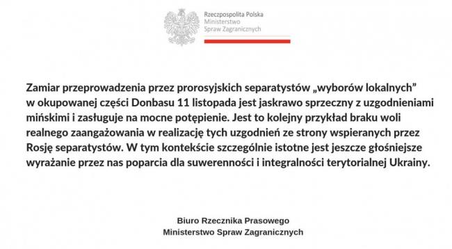 МИД Польши осудил объявленные боевиками &quot;выборы&quot; на Донбассе