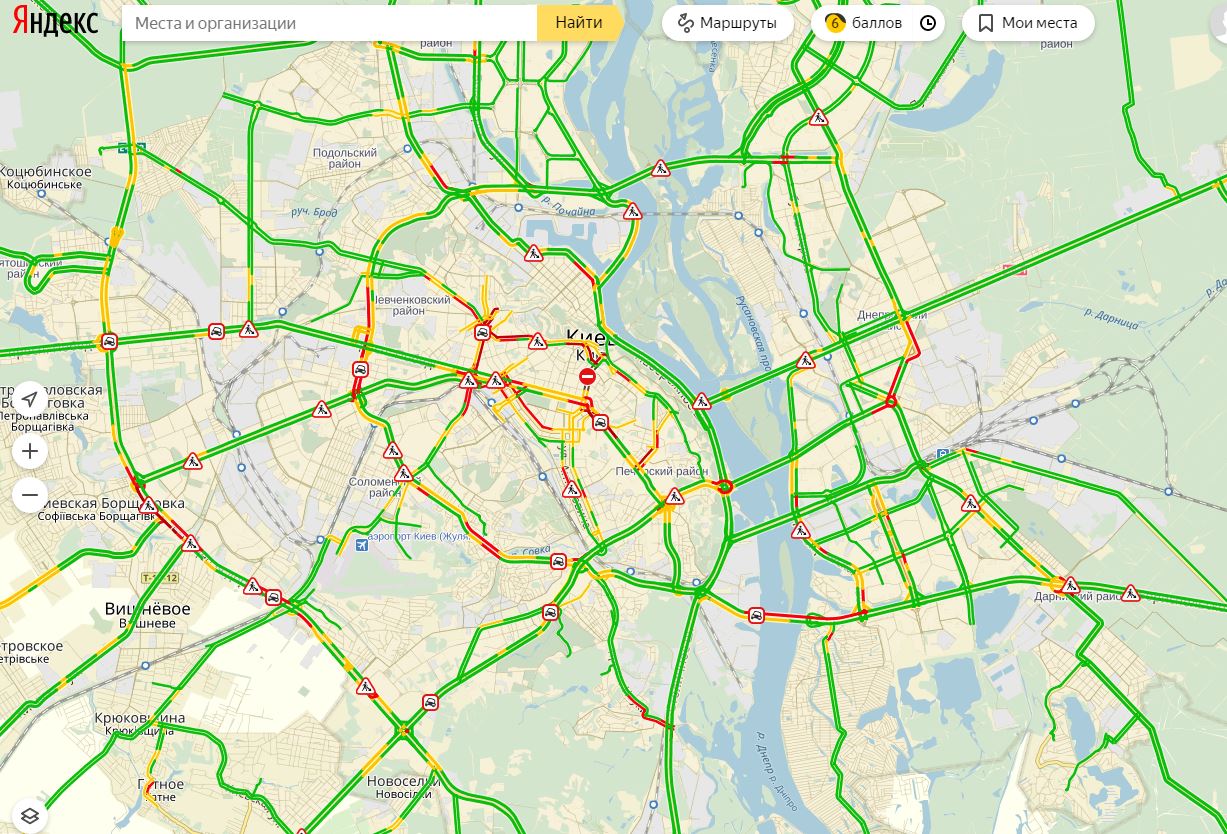 Затори у Києві досягли 6 балів
