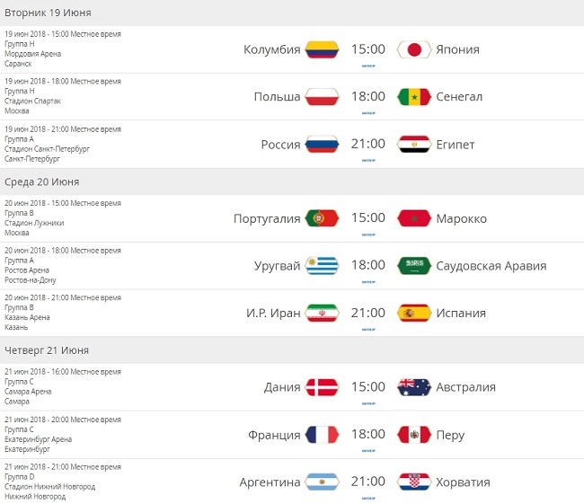 Расписание матчей ЧМ 2018