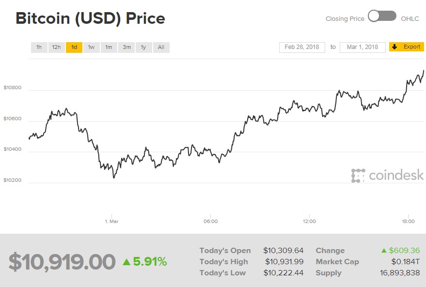 Вартість биткоина майже досягла 11 тисяч доларів за монету
