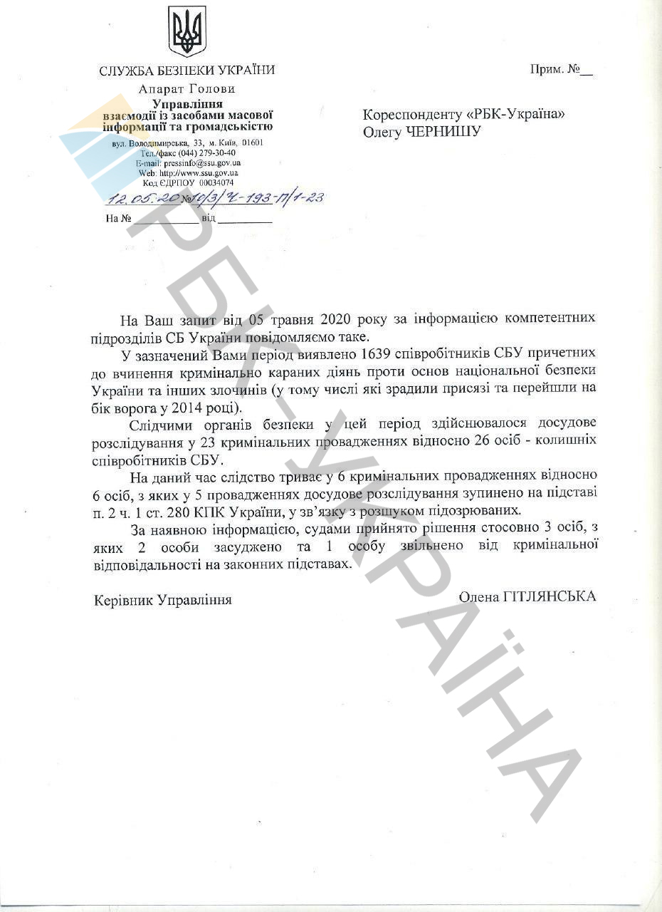 СБУ назвала число виявлених у своїх лавах зрадників з 2014
