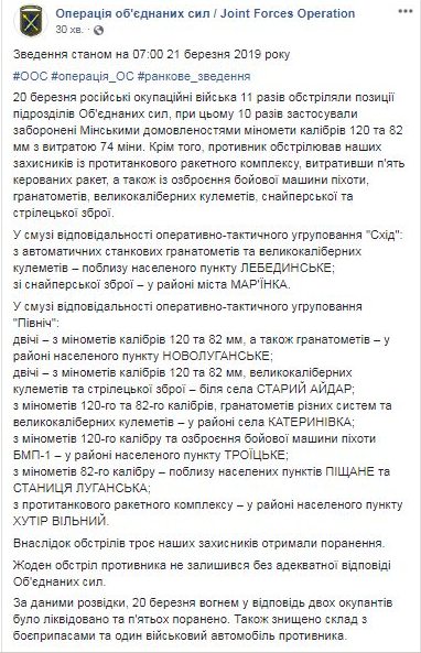 За добу на Донбасі поранено трьох українських військових