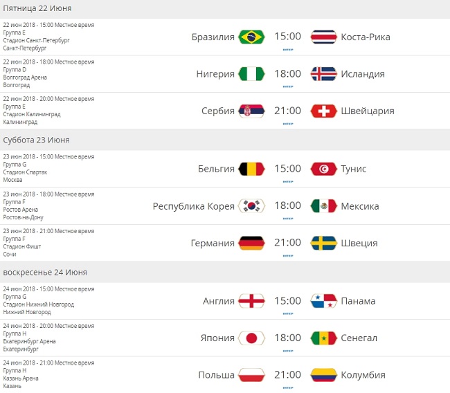 Расписание матчей ЧМ 2018