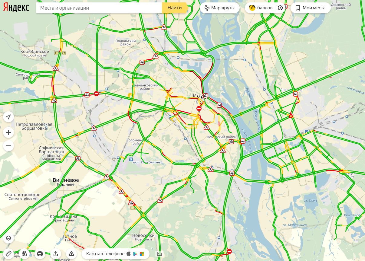 Пробки в Киеве достигли 6 баллов