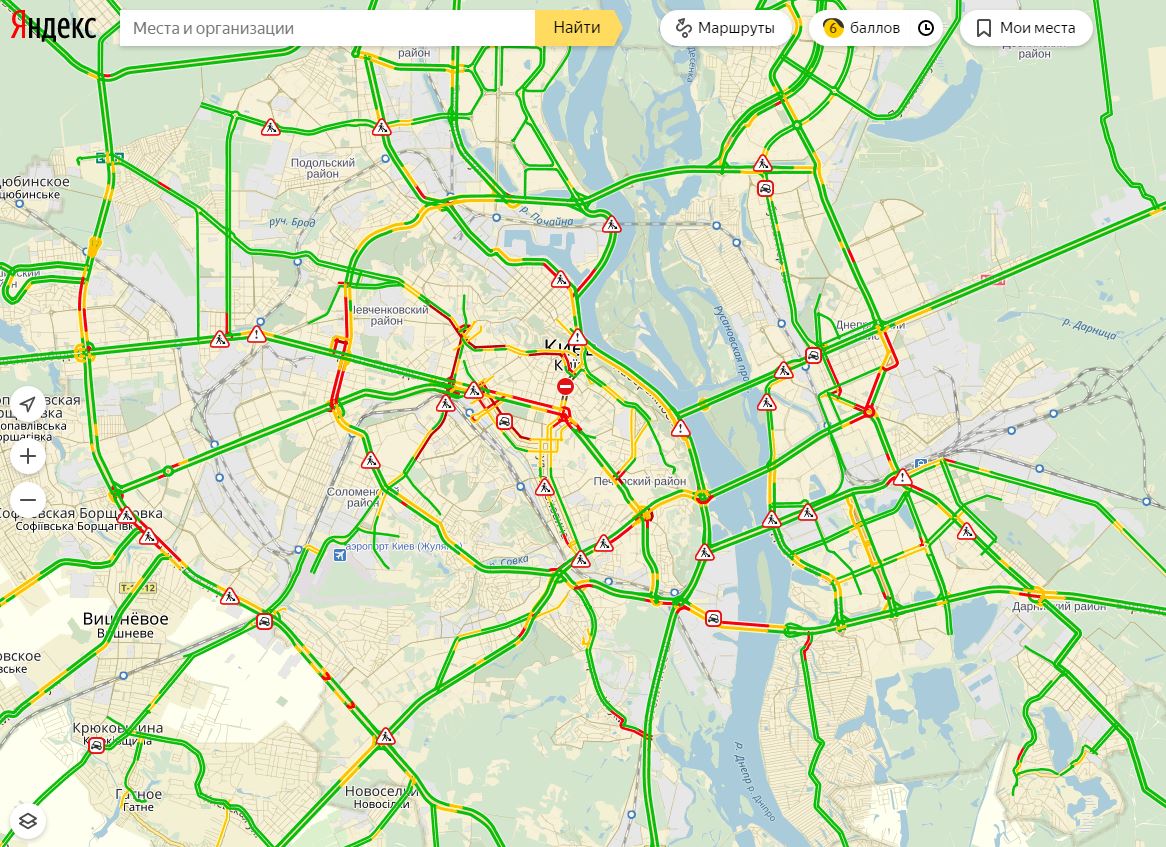Затори у Києві досягли 6 балів