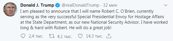 Трамп призначив нового радника з нацбезпеки