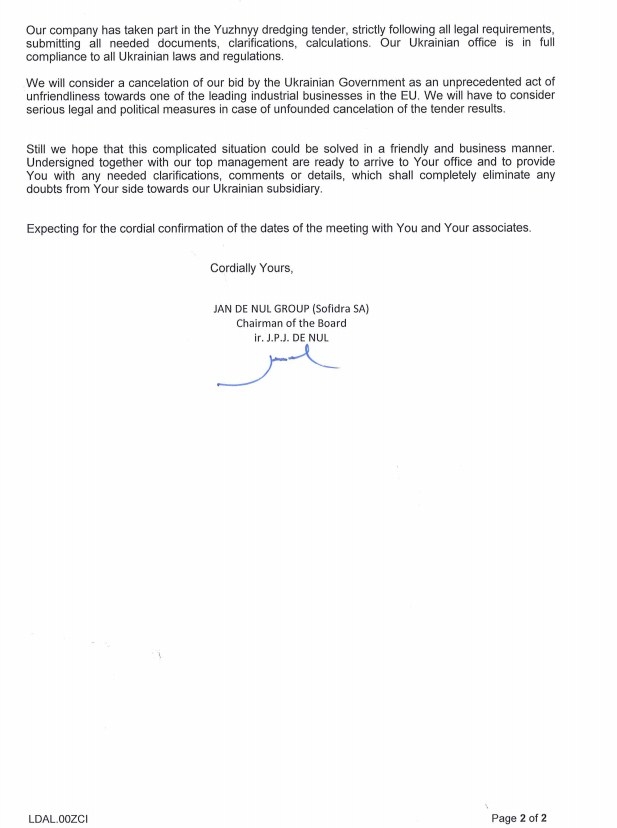 Jan De Nul Group звернулася до Гройсмана через ситуацію навколо тендеру в МП &quot;Южний&quot;