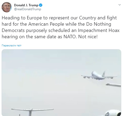 Трамп раскритиковал назначение слушаний по импичменту в один день с саммитом НАТО