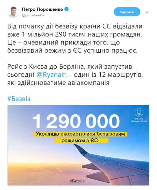 Безвізом з ЄС вже скористались майже 1,3 млн українців