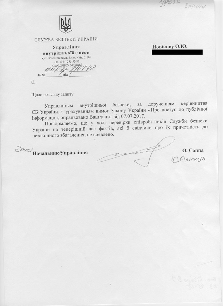 СБУ не виявила фактів незаконного збагачення своїх співробітників