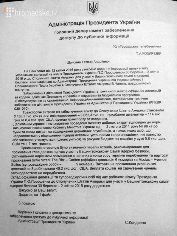 Ответ Администрации Порошенко на запрос о поездке в США
