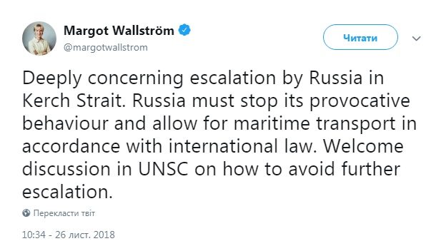 В МИД Швеции призвали Россию прекратить провокации в Керченском проливе