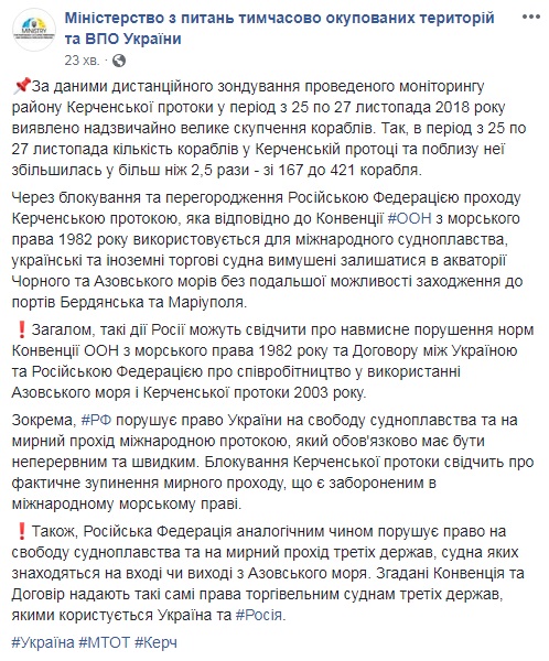 У Керченській протоці через блокування руху зафіксували 421 корабель, - МінТОТ