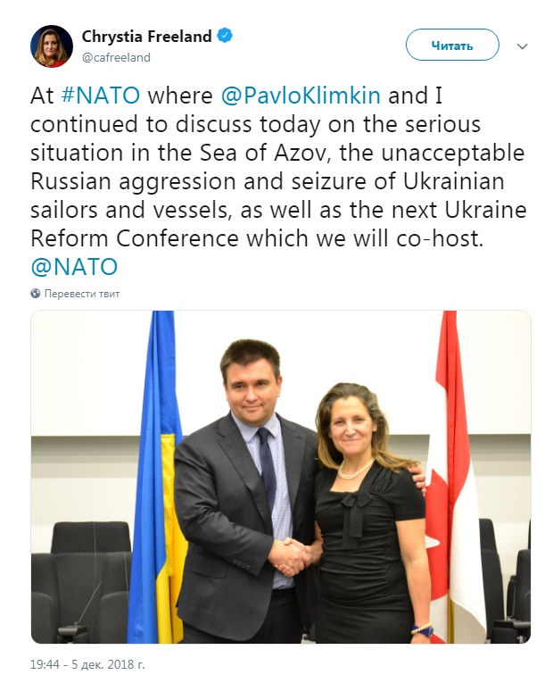 Фриланд назвала &quot;неприемлемой&quot; агрессию РФ в Азовском море