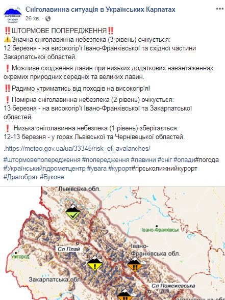 В Карпатах ожидается значительная лавинная опасность