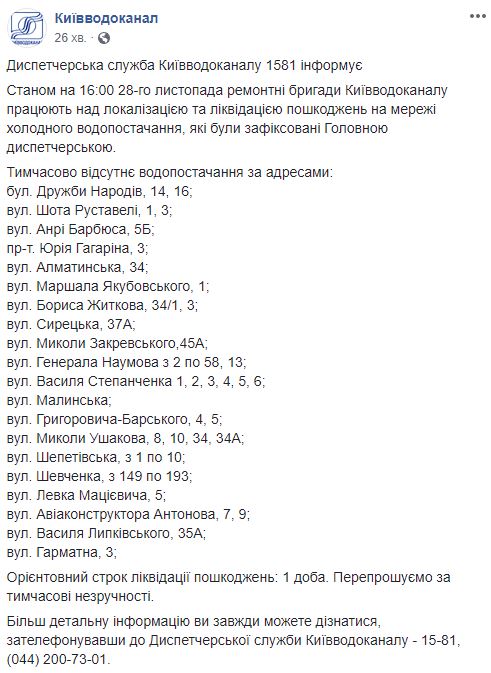 У Києві відключили холодну воду мешканцям  20 вулиць