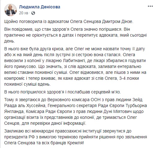 Денісова звернулася до верховного комісара ООН та генсека Ради Європи щодо стану Сенцова