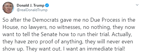 Трамп заявив, що хоче негайного початку процесу імпічменту в Сенаті