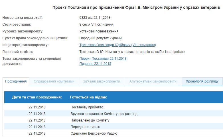 Парламент назначил Фриз министром по делам ветеранов