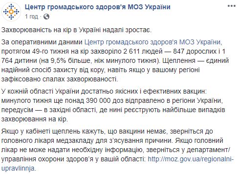 Захворюваність на кір в Україні продовжує зростати, - МОЗ