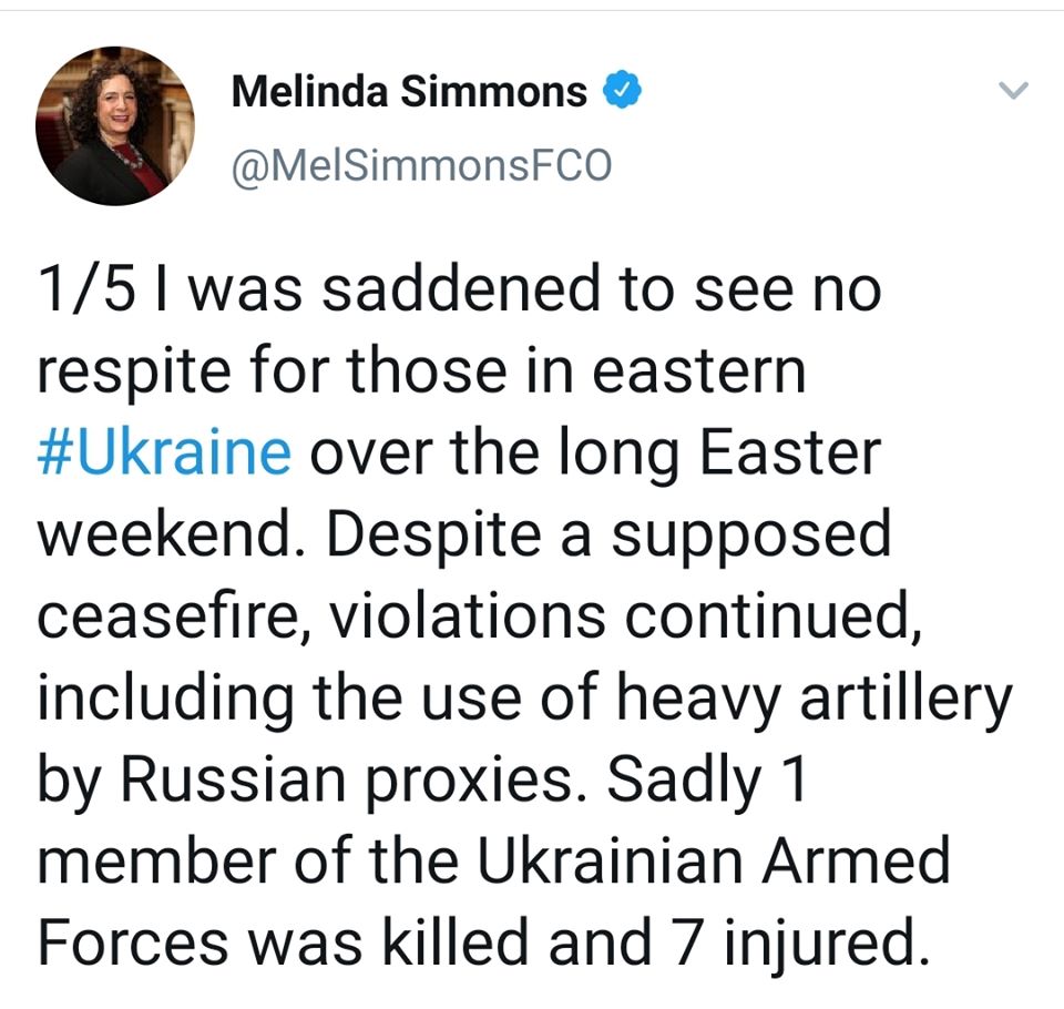 Посол Британії висловила обурення обстрілами на Донбасі у Великдень