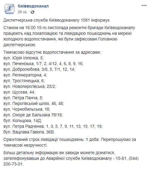 У Києві немає води на 14 вулицях через аварії на мережах