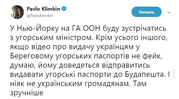 Клімкін зустрінеться із главою МЗС Угорщини з приводу видачі угорських паспортів на Закарпатті
