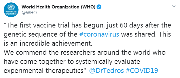 ВОЗ: испытания вакцины от коронавируса уже начались
