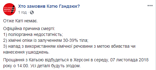 Стала відома причина смерті Катерини Гандзюк