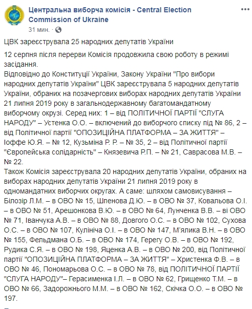ЦВК зареєструвала перших 25 нардепів
