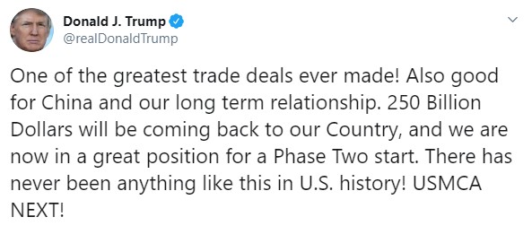 Трамп назвав підписання першої фази угоди з Китаєм кращою в історії США