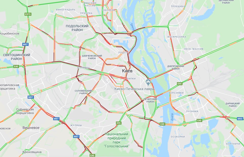 Киев практически остановился в пробках: карта