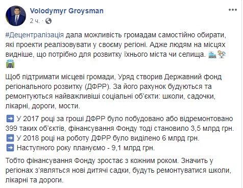 На Фонд регіонального розвитку у 2019 році виділять 9 млрд гривень, - Гройсман