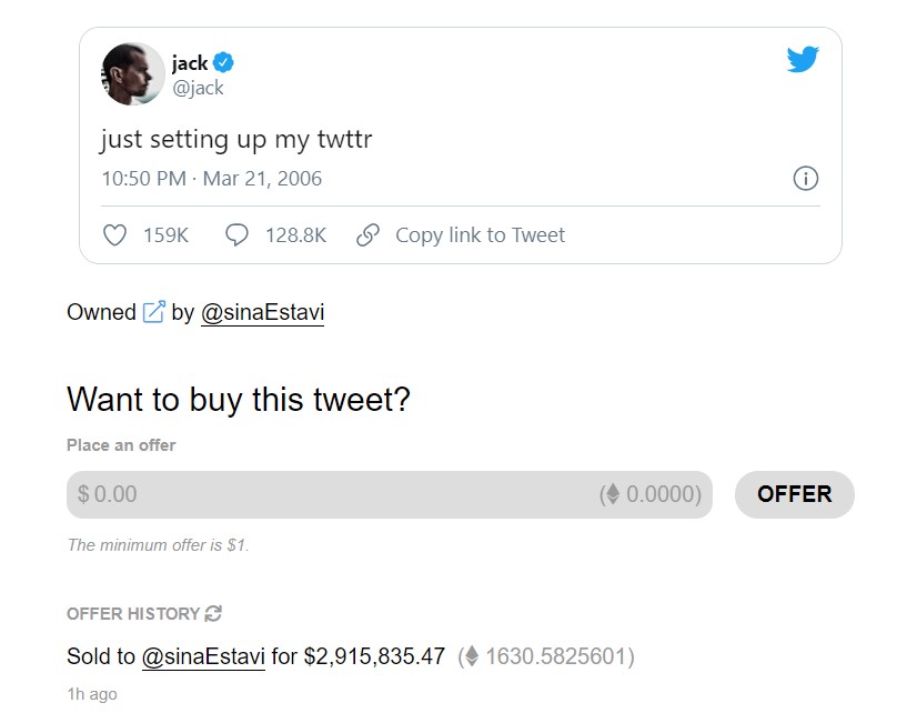 Засновник Twitter продав першу публікацію у соцмережі за 2,9 млн доларів